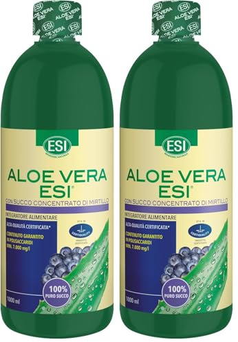 ESI - Aloe Vera Succo, Integratore Alimentare con Succo Concentrato di Mirtillo, Offre Benessere al Tratto Gastrointestinale, ricco di vitamine A e C, Senza Glutine e Vegan, 1000 Ml (Confezione da 2)