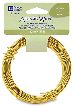 Artistic Wire Aluminum Craft Wire 12 Gauge 2.1mm | Bendable Jewelry Making & Sculpting | Soft Enamel Coated Metal | 39.3 ft 12 m Gold