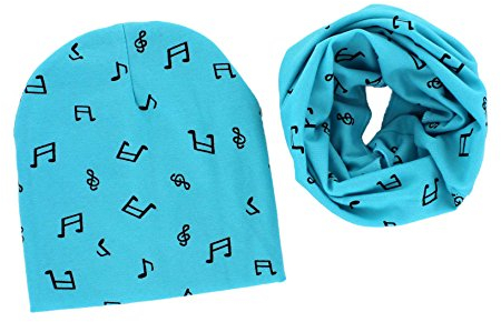 Set mit Mütze und Rund-Schal für Kinder bedruckt mit Noten und Notenschlüssel (hellblau)