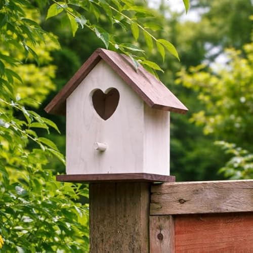 GardenMile Wooden Nesting Bird Box Outdoor Robin Nest Durable Natural Wood Design Hanging Freestanding Birdhouse Wild Animal House Garden Decor Accessories (White Heart Wooden Bird House)