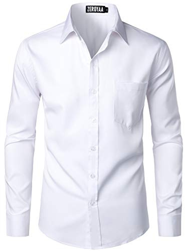 ZEROYAA Men's Urban Stylish Casual Business Slim Fit Long Sleeve Button Up Dress Shirt with Pocket ZLCL29 White Large