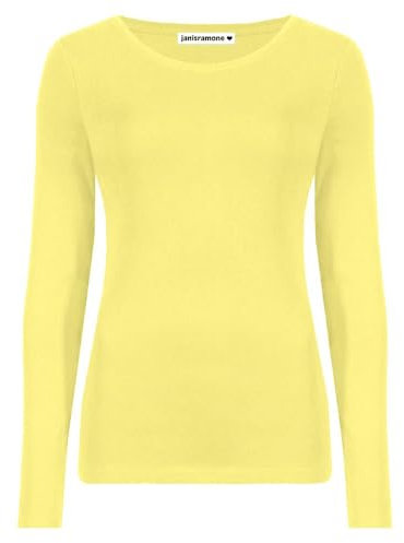 janisramone Womens Ladies Round Neck Long Sleeve T-Shirt Stretchy Plain Fitted Basic Jersey Casual Tee Top Yellow