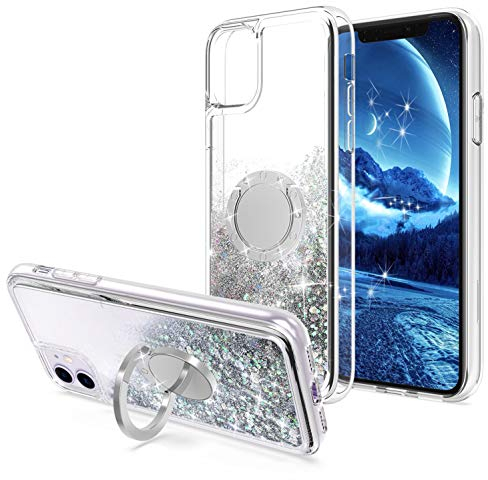WORLDMOM Hülle für iPhone 11, Bling bewegliche Flüssigkeit, schwimmend, funkelnd, bunt, Glitzer, Wasserfall, TPU, Schutzhülle mit Drehring, Ständer für iPhone 11 [6,1 Zoll 2019], Silber