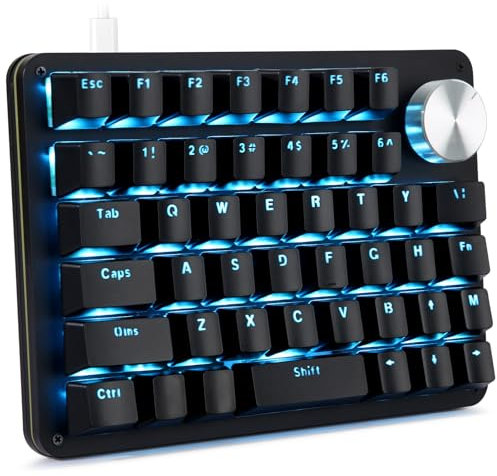 Koolertron Teclado mecánico para juegos con una sola mano con 24 teclas macro, mini teclado totalmente programable de 45 teclas, mini teclado macro USB con perilla giratoria, retroiluminación azul,