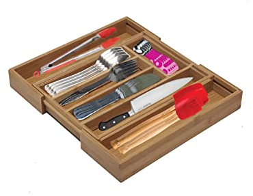 ADEPTNA Environmentally Friendly Organic Bamboo Extending Cutlery Drawer Tray Large Size 5 to 7 Compartments to fit your cutlery