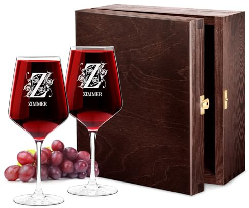 Maverton Wine Set of 2 Glasses, Personalised Wine Glassware, Letter | Wine Set with Engraving for Couples, for Newlyweds, Wine Glasses for Anniversary, Wooden Box