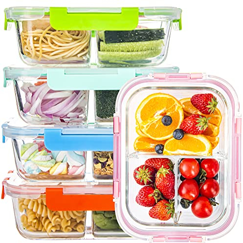 Recipientes de vidrio para almacenamiento de alimentos, 3 compartimentos con tapas (5 unidades, 34 onzas), recipientes de vidrio dividido para comida para almuerzo en el trabajo, recipientes de