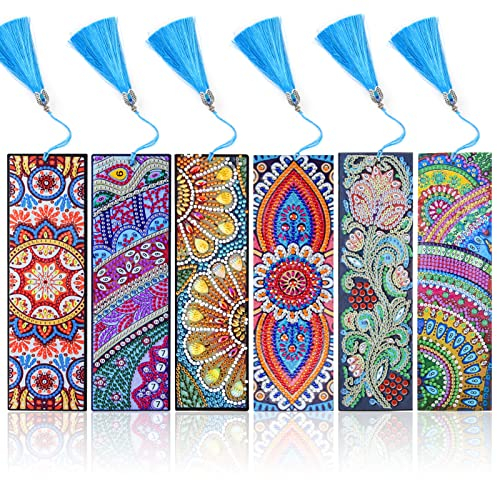 Fanshiontide 6 Stück Diamant Malerei Lesezeichen, 5D DIY Mandala Diamond Painting Lesezeichen, Stickerei Malerei nach Zahlen Kit für Student Graduierung Geburtstag Geschenk und Seite Markierung