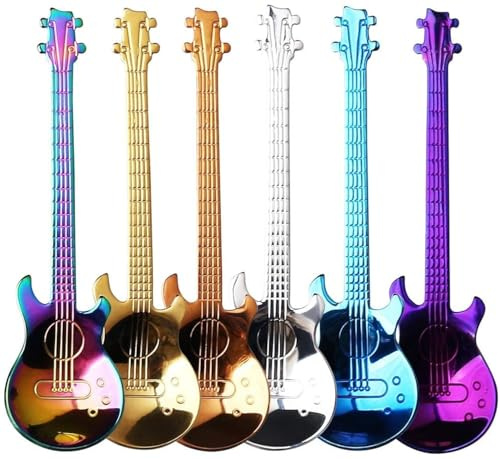 Guitar Coffee Teaspoon, 6-Piece Stainless Steel Teaspoon Dessert Spoon Stirring Beverage Milkshake Jam (Multicolor)