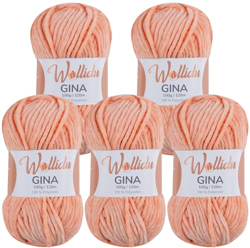 Wollidu Gina Chenille Garn zum Stricken und Häkeln 5 x 100g/120m Set 100% Polyester - Lachs