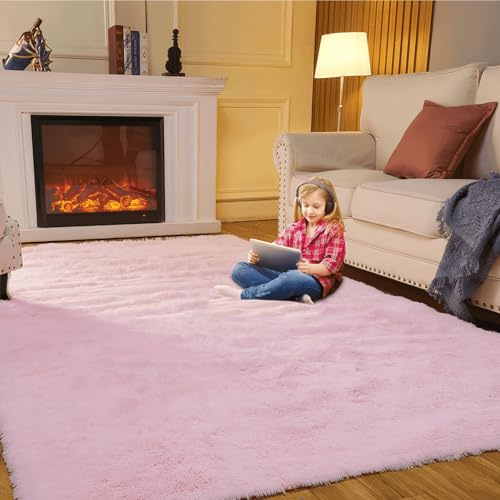 SUBEEN tappeto soggiorno, moquette camera da letto Soggiorno moderno tappeto Shaggy tappeto soggiorno Grande tappeto antiscivolo Camera da letto dei bambini (120x160cm, Rosa)