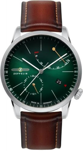 Zeppelin Flatline 83664 Herren-Armbanduhr, Datum, Gangreserveanzeige, analoges Zifferblatt, Farbe: Grün, Grün, Armband