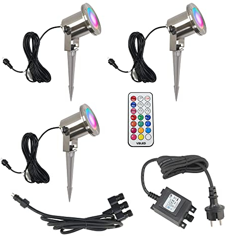 VBLED 3er Set LED-Teichstrahler/Gartenteich Licht 12V, aus Edelstahl IP68 mit RGBW MR16 Leuchtmittel und Trafo