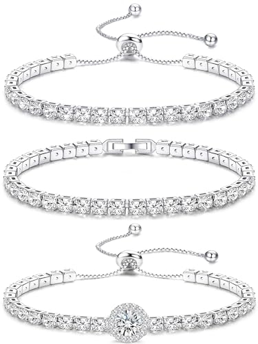 JeweBella 3PCS Tennis Armband Damen Silber Verstellbares Kristall Zirkonia Armbänder Set Glänzender Diamant Armband Klassisches Tennis Armbänder Schmuck Geschenk für Frauen Freundin Mutter Ehefrau