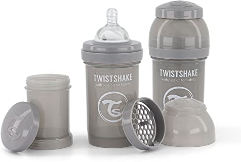 Twistshake 2x Anti-Kolik Babyflasche mit Milchpulverbehälter und Mixer - 180 ml | Langsam fließende, brustähnliche Brustwarze aus Silikon | BPA-freie | Geeignet für Neugeborene (0+) | Grau