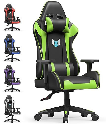 bigzzia Gaming Chair Office Chair,155 Degree PU Leather Ergonomic Office Chair with Lumbar Cushion&Headrest&Fixed Armrest,Gaming Chair Gaming Seat Adult Young Boy Girl (Green), (desk chairs)