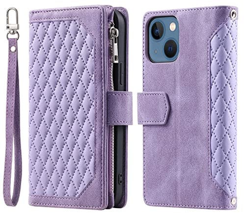 Unichthy For iPhone 15 Plus Zipper Case 7 Card Slots with Strap Shockproof Leather Flip Wallet Purse Handbag Zip Pocket Phone Cover Magnetic Stand Skin for iPhone 15 Plus Light Purple