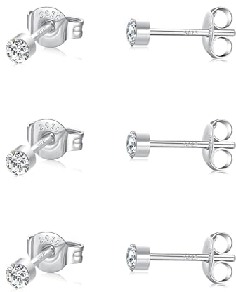 SNORSO Ohrringe Silber 925 Stecker, 925 Sterling Silber Ohrstecker für Damen Mädchen,Hypoallergen Rund Ohrstecker Ohrringe mit Zirkonia, 3 Paar 2mm Klein Schlafen Knorpel mit Geschenk Box