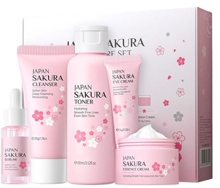 5 Stück Sakura Hautpflegeset Hauttäglich Hautpflege Set, Hautpflege Für Mädchen Im Teenageralter, Geschenkset, Reiniger, Toner, Ser um, Augen Essenzserum, Gesichtspflegesets Für Poren
