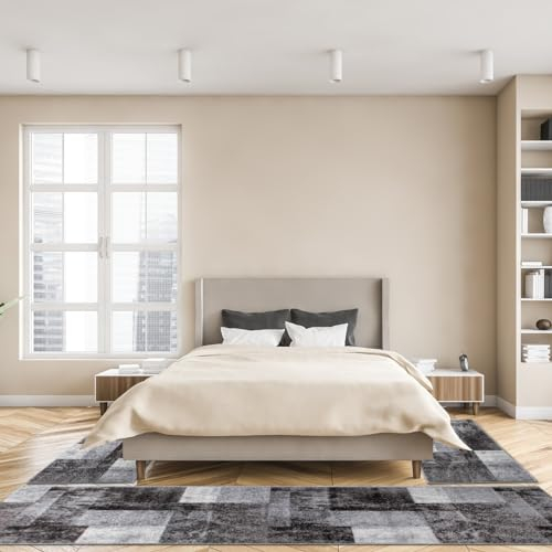 oKu-Tex Bettumrandung Set 3-TLG. | Teppich Schlafzimmer | Florhöhe: 9 mm | besonders weicher Flor | geometrisches Muster | modern | meliert grau anthrazit | dichte Qualität | 1 x Läufer, 2 x Brücke