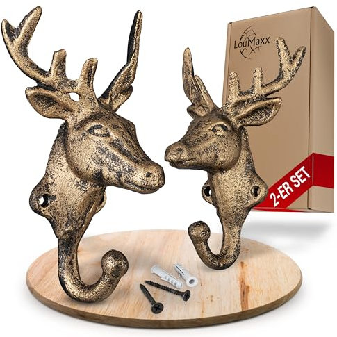 LouMaxx Kleiderhaken Hirsch - 2er Set Hirsch Haken Garderobenhaken in Gold – Kleiderhaken Wand im rustikalen Hirsch Design – dekorativer Wand Haken – Kleiderhaken Hirschkopf inkl. Schrauben