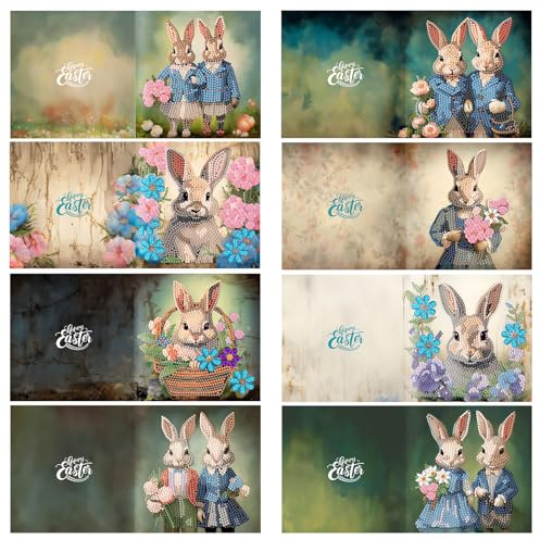 8er DIY Diamond Painting Grußkarten Ostern, Christmas Diamond Painting Greeting Cards Osternkarten für Kinder & Erwachsene (Ostern-8er Set A)