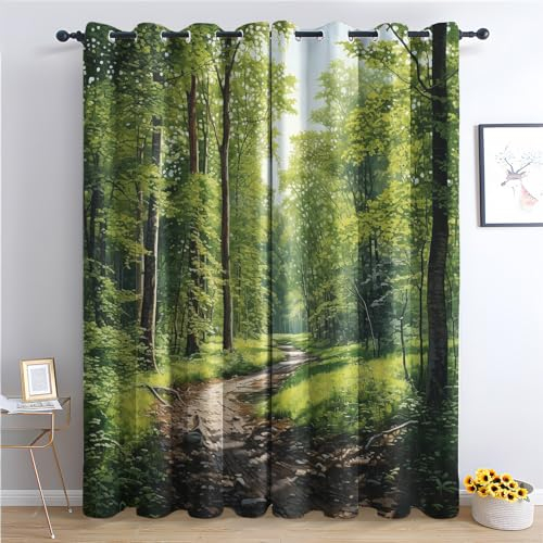 SZLYZM Vorhänge Wald, Verdunkelungsvorhang 2er Set - Vorhang Blickdicht Natur Muster, Thermovorhang für Deko Wohnzimmer Schlafzimmer Kinderzimmer, Gardinen mit Ösen 200x140 cm (HxB) (Qw-&341)