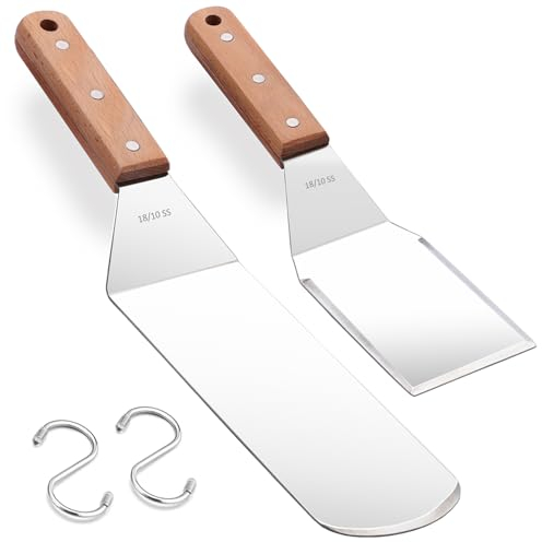 Leonyo Griddle Spatula Set of 2, Long Spatula & Burger Turner, 18/10 Stainless Steel Grill Spatula Commercial Grade Metal Scraper Tools for Kitchen Cooking, Outdoor Camping, Flat Top Grill Teppanyaki