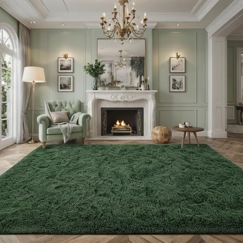 Larhom Moderner flauschiger Plüsch-Teppich für Wohnzimmer, Schlafzimmer, Kinderzimmer, Esszimmer, Büro, Heimdekoration, 8 ft x 10 ft, Dunkelgrün