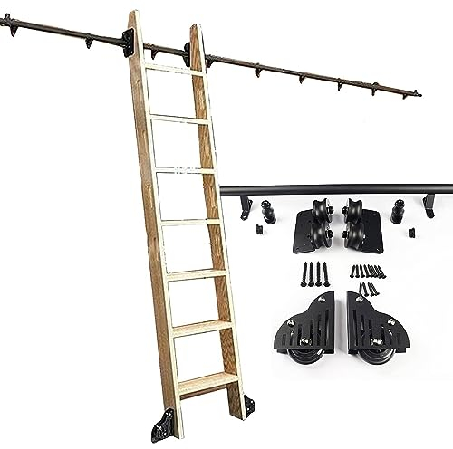 Rollbare Bibliotheksleiter-Gleitschienen-Hardware-Kit | Mobile Leiterschiene für Bücherregale, Lager, Schrank-Set, Verlängerungsschiene/Schiene (Keine Leiter) – rundes Rohr aus Schmiedeeisen