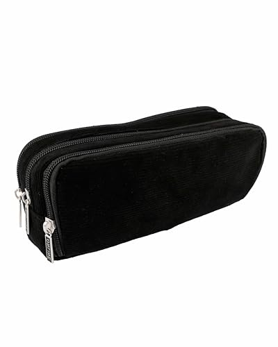 Online Etui Federmappe Triple I Großes, schwarzes Cord Federmäppchen mit 3 Fächern – ideal für Schule, Uni & Büro I Federtasche mit 8 Stiftschlaufen, 2 Netz-Fächern, Innenfach & großem Mittelfach