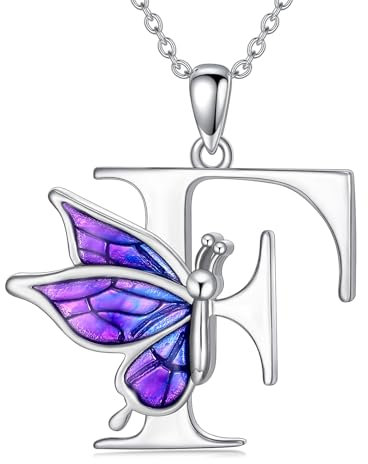 LONAGO Collana con Iniziale F per Donna 925 Sterline Argento Farfalla Viola con A-Z 26 Lettere Pendente Collana per Regali di Laurea