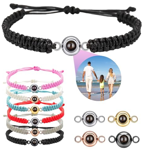 Personalisierte Projektion Armband mit Foto individuelles Bild und verschiedene in Stein Geschenke für Mama Papa Freund Freundin Männer Frauen Paare (Rund)