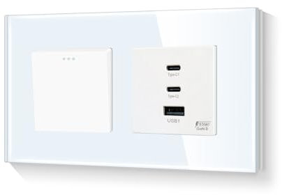 LIAONFOY 1 Fach 1 Weg Lichtschalter mit Super Fast Charging Drei Ports Wandsteckdose Typ c und USB Kombination Ladeanschlüsse Glasrahmen Weiß 157mm 100-240V (Neutrale Linie erforderlich)