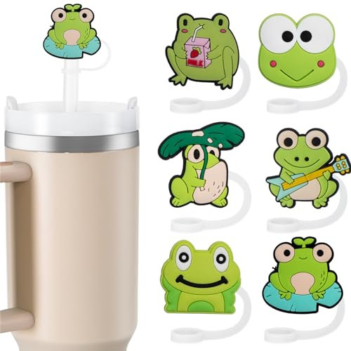 yomanta 6pcs Straw Cover for Stanley Cup for 10mm Dust-Proof Silicone Stanley Straw Topper Accessories, Reusable Straws Cover for Stanley 40/30 Oz Tumbler - Cute Frog
