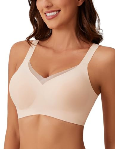 MOEOZLLO Mesh V Ausschnitt BH Damen Ohne Bügel Softschalen Bustier Damen High Elastizität BH Ohne Bügel Mit Zusätzlicher BH-Verlängerung（Beige,3XL