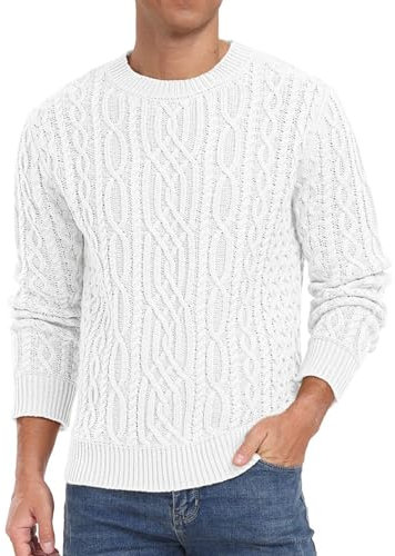 Hisir Mens Cable Knit Jumper UK Crew Neck Winter Jumpers Long Sleeve Pullover Sweater Tops for Men (White, M)