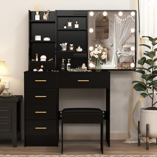 LIANWANG Schminktisch mit Beleuchtung und Hocker, Frisiertisch mit Spiegel für Make-up, Kosmetiktisch mit 6 Schubladen und 4 Ablagen für Schlafzimmer, Schwarz, 36 x 80 x 131 cm