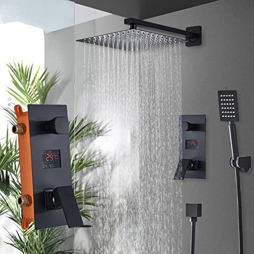 Set di 2 rubinetti per doccia digitali neri con miscelatore a pioggia da 30,5 cm con display digitale a 2 vie