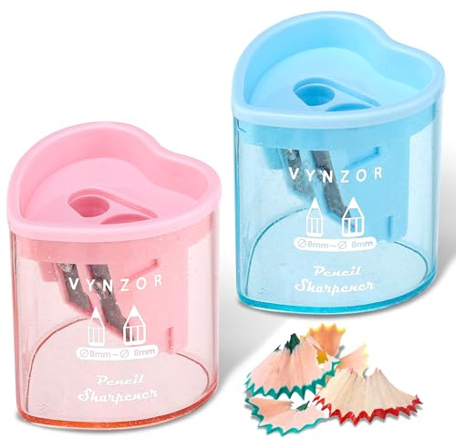 2 Pack Heart Pencil Sharpener with Container, Dual Hole 8mm & 12mm | Heart-shaped sharpeners for kids, adults, school, home and office in blue & pink with 8mm & 12mm holes