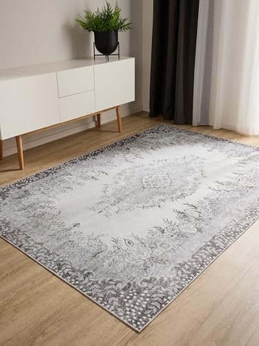 benuta Basic Waschbarer Teppich George - Schwarz/Grau 60x120 cm - Kunstfaser - Rechteckig & im Style: Vintage, Elegant, Retro - Pflegeleicht für Wohnzimmer Schlafzimmer