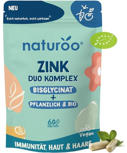 Bio Zink Duo Komplex : Natürlich & Hochwertig | 60 Kapseln vegan hochdosiert für 2 Monate | Zinkbisglycinat + pflanzlicher Bio-Zink mit Vitaminen B6 & B2, für Haut, Haare, Immunität & Fruchtbarkeit