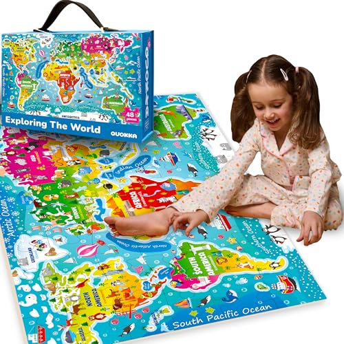 QUOKKA Floor Puzzles for Children Age 3+, 60x90 cm 48 pc Giant Jigsaws for Kids - Large Educational World Map Toys - Premium Gift Box with Sturdy Handle & Magnetic Closure
