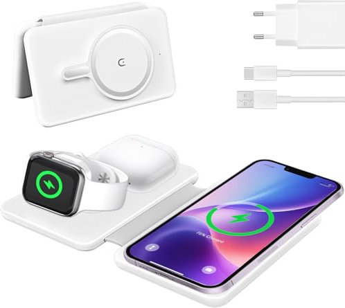 3 in 1 Ladestation für Apple Watch und iPhone, Faltbare Wireless Charger iPhone 16 15 14 13 12 Pro Max Plus, Apple Watch 10 9 8 2, AirPods 4 3 2 Pro Soslina kabelloses Ladegerät für unterwegs