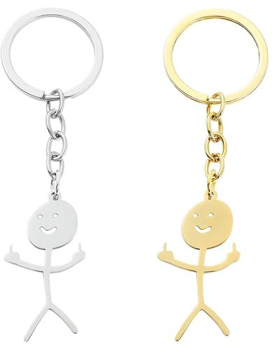 JOOTUEPO 2 Stück Strichmännchen Schlüsselanhänger Anhänger Mittelfinger, Lustige Smiley kleiner Mann Gebärdensprache Schlüsselanhänger, Mittelfinger geschenk Auto Schlüssel Anhänger (Gold und Silber)