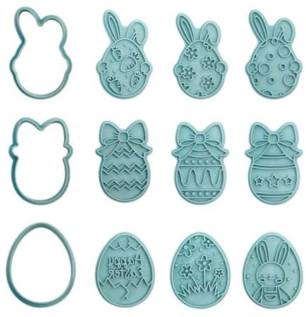 XOXVURI 12er- Pack Ausstechformen Ostern, Hasen Ostereier Osterausstechformen, Keksstempel Ausstecher Ostern, Keksausstecher Plastik, Plätzchenausstecher 3D Set