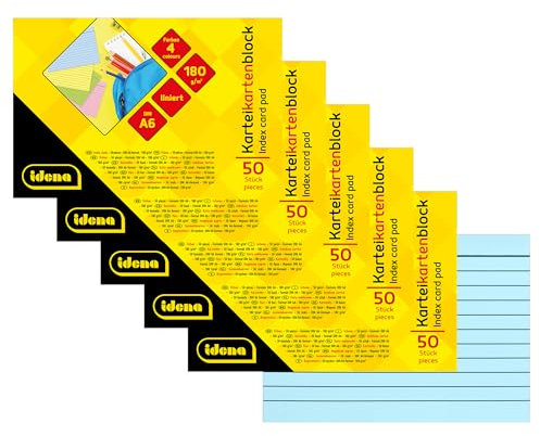 Idena 90281 - Karteikarten DIN A6, 250 Stück liniert, Lernkarten aus 180 g/m² FSC-Mix Papier in 4 Farben, für Schule und Büro