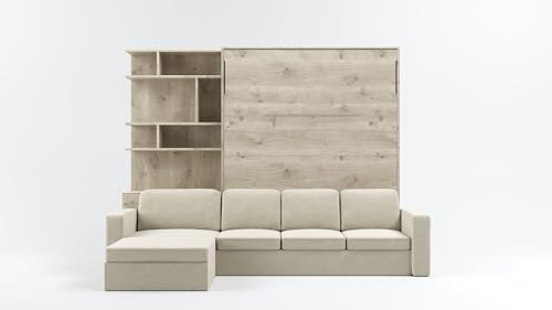 MAXIMAHOUSE Schrankbett Vertikal Invento NOVA 160V (160x200) mit Couch Ecksofa, und Bücherregal, Lattenrost aus Holz, Wandbett Klappbett, Bett im Schrank (Eiche Natur+Beige)