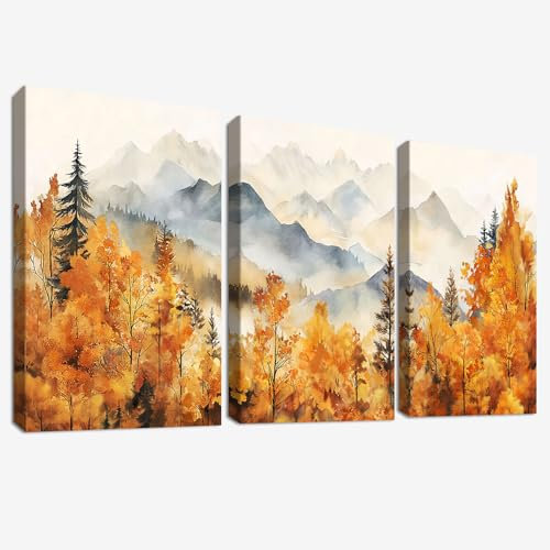 3Pcs Cadre en Bois Impression sur Toile Aquarelle Forêt de Montagne d'automne Tableau Image sur Toile Forêt Brumeuse Orange Peinture Tableau Decoration Murale Salon Chambre Salle de Bain 30x40cm x3pcs