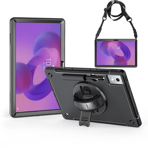 Junfire Rugged Case for Lenovo Idea Tab Pro (12.7 Inch) 2025, Shockproof Protective Case with Rotating Stand, Wrist Strap, Shoulder Strap and Pen Holder Compatible with Model TB373FU/TB375FC - Black